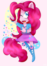 Size: 2401x3350 | Tagged: safe, artist:cosmiickatie, pinkie pie, equestria girls, g4, balloon, boots, bracelet, chibi, clothes, confetti, cute, female, high heel boots, high res, jewelry, one eye closed, open mouth, ponied up, pony ears, ponytail, raised leg, skirt, solo, wink