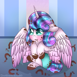 Size: 1024x1024 | Tagged: safe, artist:northlights8, princess flurry heart, pony, a flurry of emotions, g4, chocolate pudding, cute, female, flurrybetes, heart eyes, hoofprints, messy, sitting, solo, wingding eyes