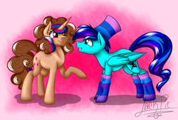 Size: 1850x1250 | Tagged: safe, artist:jack-pie, oc, oc only, pony, unicorn, clothes, commission, duo, female, hat, looking at each other, male, mare, raised hoof, smiling, stallion, stockings, thigh highs, top hat