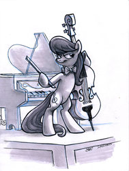 Size: 1024x1357 | Tagged: safe, artist:kenket, artist:spainfischer, octavia melody, earth pony, pony, g4, cello, female, mare, monochrome, musical instrument, piano, sketch, solo, traditional art