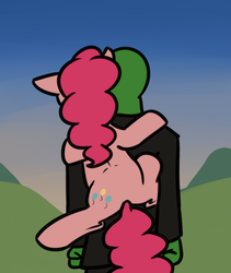 Size: 865x1025 | Tagged: safe, artist:neuro, pinkie pie, oc, oc:anon, earth pony, human, pony, g4, female, floppy ears, male, mare, piggyback ride, ponies riding humans, rear view, riding, walking
