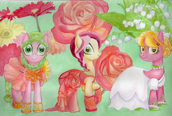Size: 5092x3442 | Tagged: safe, artist:kelseyleah, daisy, flower wishes, lily, lily valley, roseluck, earth pony, pony, g4, absurd resolution, clothes, dress, female, looking at you, mare, raised hoof, smiling, smiling at you, traditional art, trio, trio female