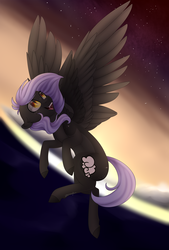 Size: 2198x3260 | Tagged: safe, artist:ohhoneybee, oc, oc only, oc:cloudy night, pegasus, pony, female, flying, high res, mare, solo, spread wings, sunset, wings