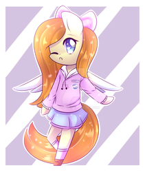 Size: 1024x1198 | Tagged: safe, artist:twily-star, oc, oc only, oc:logan aeir, alicorn, anthro, bow, chibi, clothes, cute, female, hair bow, hoodie, mare, moe, ocbetes, one eye closed, shoes, skirt, socks, solo, sweater, watermark, wink