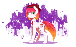 Size: 1920x1200 | Tagged: safe, artist:laptop-pone, oc, oc only, oc:joey, earth pony, pony, abstract background, ear piercing, female, gradient mane, green eyes, hairband, hat, piercing, purple background, signature, smiling, solo