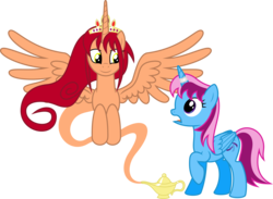 Size: 8745x6400 | Tagged: safe, artist:parclytaxel, oc, oc only, oc:khunis jirall, oc:parcly taxel, alicorn, genie, genie pony, pony, .svg available, absurd resolution, alicorn oc, alicorns only, crown, female, floating, gem, horn, horn ring, jewelry, lamp, looking down, looking up, male, mare, open mouth, raised hoof, regalia, shocked, simple background, smiling, spread wings, stallion, transparent background, vector, wings