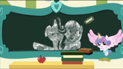 Size: 1280x720 | Tagged: safe, edit, edited screencap, screencap, princess flurry heart, starlight glimmer, trixie, pony, unicorn, a flurry of emotions, all bottled up, chalkboard, crossing the memes, discovery family logo, female, flurry art, flurry heart's chalkboard, mare, meme, they grow up so fast, trixie's puppeteering