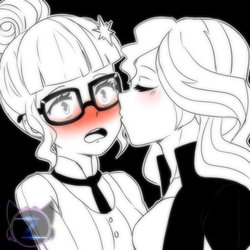Size: 800x800 | Tagged: safe, artist:zeldaprincessgirl100, sci-twi, sunset shimmer, twilight sparkle, equestria girls, g4, black background, blushing, cute, eyes closed, female, glasses, kissing, lesbian, monochrome, open mouth, partial color, ship:sci-twishimmer, ship:sunsetsparkle, shipping, simple background, surprise kiss, surprised