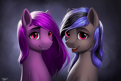 Size: 1600x1072 | Tagged: safe, artist:l1nkoln, oc, oc only, bat pony, pony, commission, cute, duo, fangs, female, looking at you, mare, open mouth, slit pupils, smiling