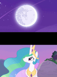 Size: 640x864 | Tagged: safe, edit, screencap, princess celestia, alicorn, pony, celestial advice, g4, animated, caption, crying, cute, female, flashback, gif, looking up, mare, mare in the moon, moon, night, sad, smiling, solo, talking, text