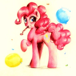 Size: 1936x1936 | Tagged: safe, artist:oofycolorful, pinkie pie, earth pony, pony, g4, balloon, female, party horn, raised hoof, solo
