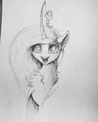 Size: 864x1080 | Tagged: safe, artist:skitsroom, princess cadance, pony, g4, bust, chest fluff, curved horn, female, grayscale, heart, horn, looking up, monochrome, open mouth, simple background, solo, traditional art