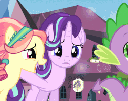 Size: 524x418 | Tagged: safe, screencap, amber laurel, ruby love, scarlet heart, spike, starlight glimmer, dragon, pony, g4, the crystalling, animated, gif