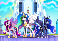 Size: 1240x877 | Tagged: dead source, safe, artist:ruhje, princess cadance, princess celestia, princess luna, alicorn, pony, g4, alicorn triarchy, commission, crown, crystal empire, eyeshadow, female, jewelry, makeup, mare, one eye closed, open mouth, regalia, royal sisters, smiling, tongue out, trio, wink