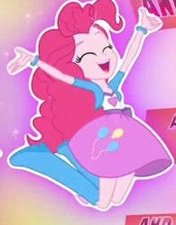 Size: 276x354 | Tagged: safe, screencap, pinkie pie, equestria girls, g4, my little pony equestria girls: friendship games, balloon, boots, bracelet, clothes, cute, eyes closed, high heel boots, jewelry, skirt, sparkles