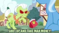 Size: 1280x720 | Tagged: safe, screencap, granny smith, trixie, earth pony, pony, all bottled up, g4, attack of the killer app, futurama, glowing eyes, image macro, male, meme, purse, red eyes take warning, shut up and take my money, throwing