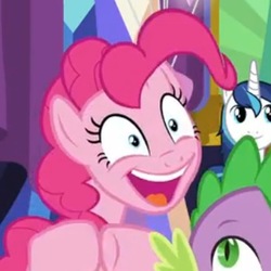 Size: 347x347 | Tagged: safe, screencap, pinkie pie, shining armor, spike, dragon, celestial advice, g4, cropped, faic, laughing, solo focus