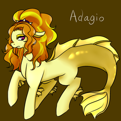 Size: 1000x1000 | Tagged: safe, artist:raika0306, adagio dazzle, half-siren, hippocampus, hybrid, kelpie, merpony, pony, siren, equestria girls, g4, my little pony equestria girls: rainbow rocks, brown background, equestria girls ponified, female, floppy ears, grin, hippocamp, looking at you, mare, maybe salmon, ponified, raised hoof, simple background, smiling, solo