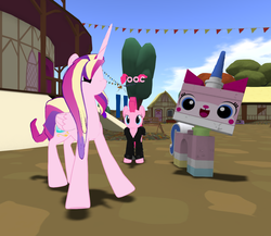 Size: 1220x1058 | Tagged: safe, artist:foxox, pinkie pie, princess cadance, pony, g4, 3d, crossover, lego, second life, the lego movie, unikitty