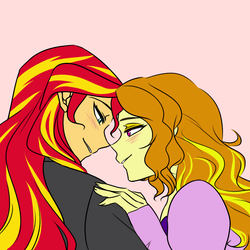 Size: 1000x1000 | Tagged: safe, artist:raika0306, adagio dazzle, sunset shimmer, equestria girls, g4, my little pony equestria girls: rainbow rocks, blushing, clothes, female, lesbian, lidded eyes, looking at each other, pink background, ship:sunsagio, shipping, simple background, smiling