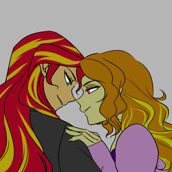 Size: 1000x1000 | Tagged: safe, artist:raika0306, adagio dazzle, sunset shimmer, equestria girls, g4, my little pony equestria girls: rainbow rocks, clothes, female, gray background, lesbian, lidded eyes, looking at each other, ship:sunsagio, shipping, simple background, smiling