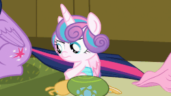 Size: 902x508 | Tagged: safe, screencap, princess flurry heart, twilight sparkle, whammy, alicorn, pony, a flurry of emotions, g4, animated, baby, diaper, female, gif, impatient, irritated, loop, ponyville hospital, tail pull, twilight sparkle (alicorn)