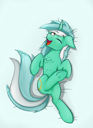 Size: 1630x2250 | Tagged: safe, artist:o0o-bittersweet-o0o, lyra heartstrings, pony, g4, belly, chest fluff, crying, cute, dock, featureless crotch, female, floppy ears, fluffy, laughing, long tail, lyrabetes, on back, one eye closed, ribcage, simple background, solo, tail, teal background, tears of joy, tears of laughter, underhoof, wink