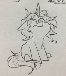 Size: 1655x1902 | Tagged: source needed, safe, artist:hkpegasister, oc, oc only, oc:hyperion, pony, unicorn, monochrome, pencil drawing, reaction image, sitting, solo, traditional art, why