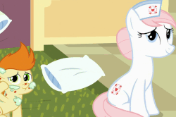 Size: 835x554 | Tagged: safe, screencap, gallop j. fry, nurse redheart, earth pony, pony, a flurry of emotions, g4, animated, animation error, cute, faint, female, gif, hatless, heartabetes, horsey hives, missing accessory, missing hat, pillow, ponyville hospital