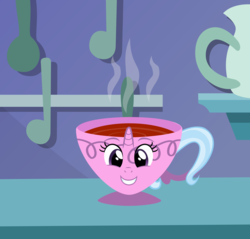 Size: 3142x3000 | Tagged: safe, artist:sollace, trixie, object pony, original species, pony, all bottled up, g4, counter, cup, cute, grin, high res, inanimate tf, irony, objectification, ponified, show accurate, smiling, solo, teacup, teacupified, that pony sure does love teacups, transformation, trixie cups, trixie teacup, vector