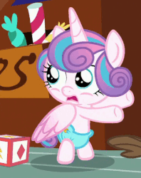 Size: 358x452 | Tagged: safe, screencap, pound cake, princess flurry heart, alicorn, pony, a flurry of emotions, g4, animated, baby, bipedal, cloth diaper, dancing, diaper, gif, loop, pointing, safety pin, sugarcube corner
