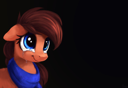 Size: 3469x2405 | Tagged: safe, artist:thefloatingtree, oc, oc only, earth pony, pony, black background, clothes, crying, cute, female, floppy ears, high res, mare, scarf, simple background, solo, tears of joy