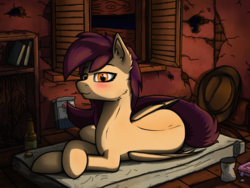 Size: 1600x1200 | Tagged: safe, artist:o0o-bittersweet-o0o, oc, oc only, oc:bittersweet, pegasus, pony, fallout equestria, female, looking at you, lying down, mare, on side, solo, wasteland