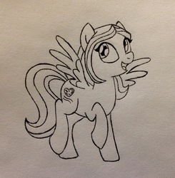 Size: 2001x2044 | Tagged: safe, artist:madikatfangirl, oc, oc only, oc:moon brook, pegasus, pony, 4chan, drawthread, high res, monochrome, smiling, solo, spread wings, traditional art, wings