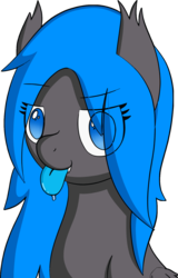 Size: 1009x1579 | Tagged: safe, artist:anonymous, oc, oc only, oc:fleet wing, bat pony, changeling, pony, bat ears, bat ponified, blue eyes, blue mane, blue tongue, disguise, disguised changeling, female, race swap, simple background, solo, tongue out, transparent background