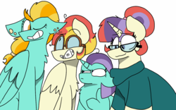 Size: 1280x800 | Tagged: safe, artist:anthillthesilverfan, lightning dust, moondancer, oc, oc:cumulus snow, oc:pyrobolt, pegasus, pony, unicorn, g4, braces, crack shipping, female, lesbian, mare, offspring, one eye closed, parent:lightning dust, parent:moondancer, parents:moondust, ship:moondust, shipping, simple background, white background, wink