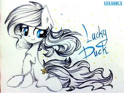 Size: 1080x810 | Tagged: safe, artist:liaaqila, derpibooru exclusive, oc, oc only, oc:lucky duck, pony, looking at you, monochrome, partial color, solo, traditional art