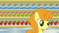 Size: 845x475 | Tagged: safe, screencap, carrot top, cherry berry, golden harvest, princess flurry heart, earth pony, pegasus, pony, a flurry of emotions, g4, alicorn wings, animated, animation error, eyes closed, female, foal, frown, gif, looking back, magic, mare, open mouth, race swap, shopping cart, smiling, supermarket, telekinesis, wheeeee