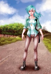 Size: 683x1000 | Tagged: safe, artist:limreiart, lyra heartstrings, human, fanfic:anthropology, g4, cloud, fanfic, fanfic art, female, humanized, jewelry, pendant, road, solo, tree