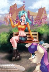 Size: 683x1000 | Tagged: safe, artist:limreiart, bon bon, lyra heartstrings, sweetie drops, earth pony, human, pony, fanfic:anthropology, g4, belly button, bench, fanfic, fanfic art, female, food, grin, hooves, humanized, mare, meme, midriff, open mouth, ponyville, sitting, sitting lyra, smiling, tea, waving