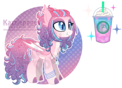 Size: 1024x735 | Tagged: safe, artist:kazziepones, oc, oc only, oc:unicorn frappe, bat pony, pony, bat pony oc, female, frappuccino, mare, obtrusive watermark, reference sheet, simple background, smiling, solo, sparkles, starbucks, transparent background, unicorn frappuccino, watermark