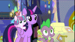Size: 854x480 | Tagged: safe, screencap, princess flurry heart, spike, twilight sparkle, alicorn, dragon, pony, a flurry of emotions, g4, animated, diaper package, discovery family logo, gif, head shake, nodding, reaction, twilight sparkle (alicorn), twilight's castle