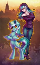 Size: 614x1000 | Tagged: safe, artist:limreiart, lyra heartstrings, human, pony, unicorn, fanfic:anthropology, g4, bipedal, chest fluff, clothes, cutie mark, duo, fanfic, fanfic art, fanfic cover, female, grin, hoodie, hooves, horn, human ponidox, humanized, magic, mare, self ponidox, smiling, unshorn fetlocks