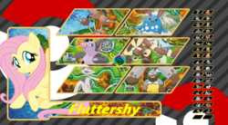 Size: 951x526 | Tagged: safe, artist:alphamonouryuuken, fluttershy, azumarill, diggersby, dodrio, grumpig, lopunny, mienshao, natu, sunflora, g4, crossover, pokémon, trainer card, vullaby