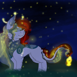 Size: 2560x2560 | Tagged: safe, artist:brokensilence, oc, oc only, oc:mira songheart, draconequus, firefly (insect), chest fluff, draconequified, high res, horns, lantern, lights, night, species swap