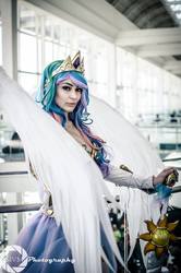 Size: 636x960 | Tagged: safe, artist:annalynncosplay, princess celestia, human, g4, clothes, cosplay, costume, female, irl, irl human, photo, solo, sword, weapon