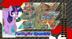 Size: 951x526 | Tagged: safe, artist:alphamonouryuuken, twilight sparkle, alicorn, delphox, noctowl, pony, porygon-z, starmie, g4, crossover, pokémon, trainer card, twilight sparkle (alicorn)