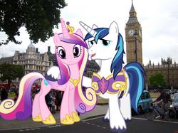 Size: 1079x805 | Tagged: safe, artist:jawsandgumballfan24, princess cadance, shining armor, pony, g4, big ben, elizabeth tower, england, giant pony, irl, london, macro, photo, ponies in real life, united kingdom, westminster
