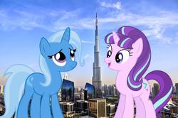 Size: 1164x775 | Tagged: safe, artist:jawsandgumballfan24, starlight glimmer, trixie, pony, unicorn, g4, burj khalifa, dubai, female, giant pony, irl, macro, mare, photo, ponies in real life