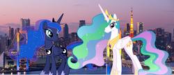 Size: 1750x757 | Tagged: safe, artist:jawsandgumballfan24, princess celestia, princess luna, alicorn, pony, g4, female, giant pony, irl, japan, macro, mare, photo, ponies in real life, tokyo